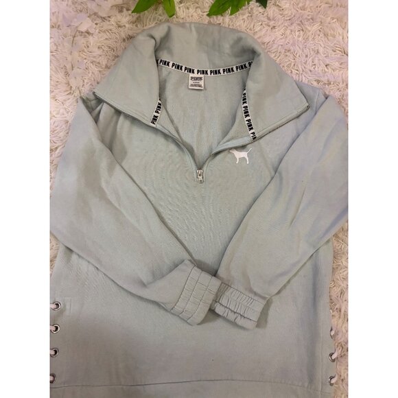 Victorias Secret Pink Quarter-Zip Pullover Sweatshirt Size S Teal - Picture 10 of 16